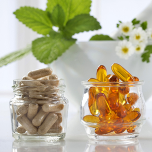 botanical supplements in glass jars
