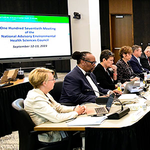 Members of the 170th meeting of the National Advisory Environmental Health Sciences Council took sitting at conference room tables Sept. 12-13