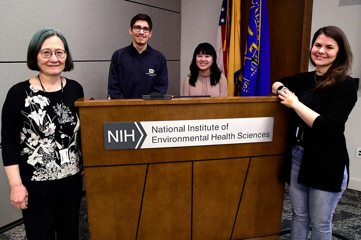 From left, OSED K-12 Science Education Program Manager Huei-Chen Lee, Ph.D., NIEHS trainees Elvis Quiroz, MyeongJin Yi, Ph.D., and Lenka Radonova, Ph.D.