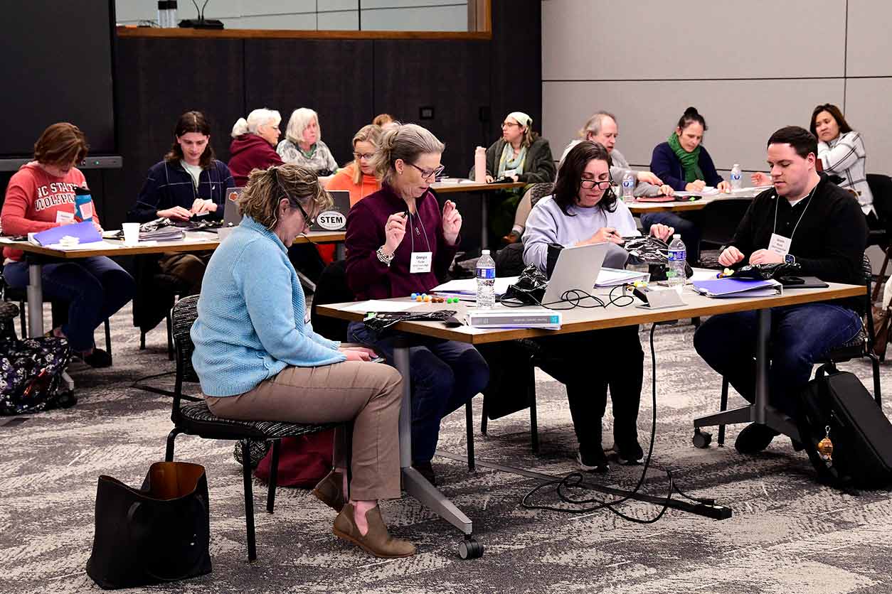 Teachers participated in a hands-on activity to determine hypothetical polygenic risk scores by sorting colored pompoms and tallying the different shades. (Photo courtesy of Steve McCaw / NIEHS)