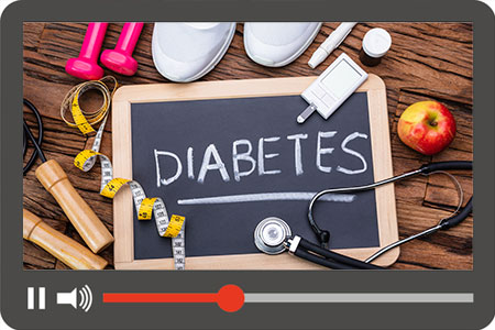 Small chalk board with Diabetes written on it, apple and shoes around it and inset photo of