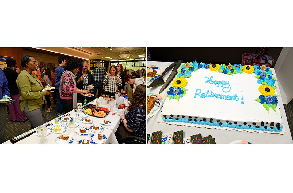 Left, NIEHS staff gathered at the institute to celebrate the retirement of Hall and Collman at a reception in their honor. Right, cake for Hall and Collman.